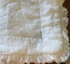 Vtg Baby Crib Blanket Bunny Rabbits White lace Trim Binding Pastel - $18.76