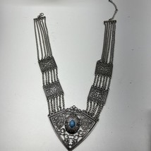Faux Silver Tone Metal Fringe Teal Stone Bib Necklace - $22.13 CAD