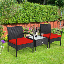 3 PCS Patio Wicker Rattan Home Set Coffee Table &amp; 2 Rattan Chair w/ Red Cushion - £157.31 GBP