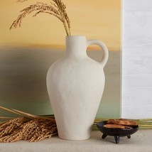 Handmade Matte, Handled Clay Jug, Vintage Pottery Vase, White, Height 10&quot;. - £33.96 GBP