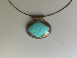 Sterling Silver 925 Wire Necklace Choker Large Oval Turquoise Pendant 21g - £14.67 GBP