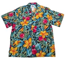 VTG Hilo Hattie Hawaiian Button Up Shirt XL Bright Yellow Pink Floral Tropical - £27.13 GBP