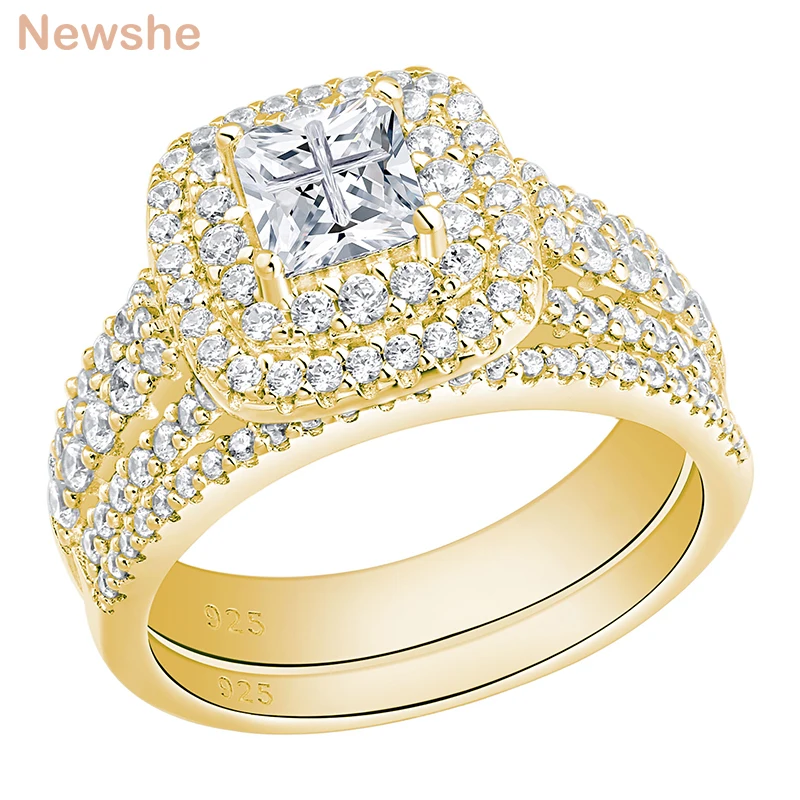 Rose Yellow Gold Wedding Ring Set For Women Halo Princess Cross Cut CZ 925 Sterl - £56.72 GBP