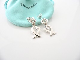 Tiffany &amp; Co Silver Loving Heart Dangle Dangling Earrings Rare Gift Pouc... - $348.00
