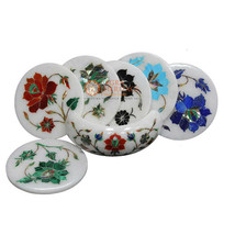 Marble Round White Inlay Work Coasters With Holder (Set of 6) Wedding Gi... - $231.66