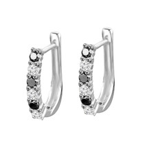 Round Black &amp; White Simulated Diamond Huggie Earrings White Gold Plated Silver - £48.51 GBP