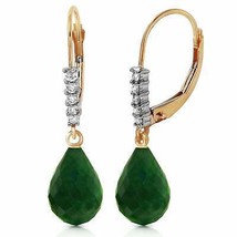 14K Solid Yellow Gold Leverback Earrings Natural Diamond &amp; Emerald Certified - £359.88 GBP