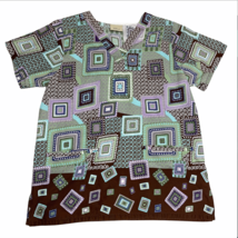 Tafford Scrub Shirt Sz S Small Purple Green Brown Geometric Nurse Vet Te... - $14.99