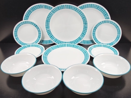 12 Pc Corelle Aqua Tiles Dinner Bread Plates Soup Bowls Set Corning Dishes Lot - £58.95 GBP