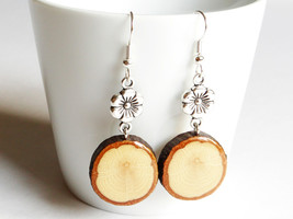 Wooden Drop Earrings - Dangle Earrings - Tibetan Silver Flower Earrings  - £27.45 GBP