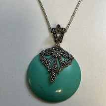 Sterling Silver Marcasite &amp; Faux Turquoise Disk Pendant With 925 20” Necklace - £23.70 GBP