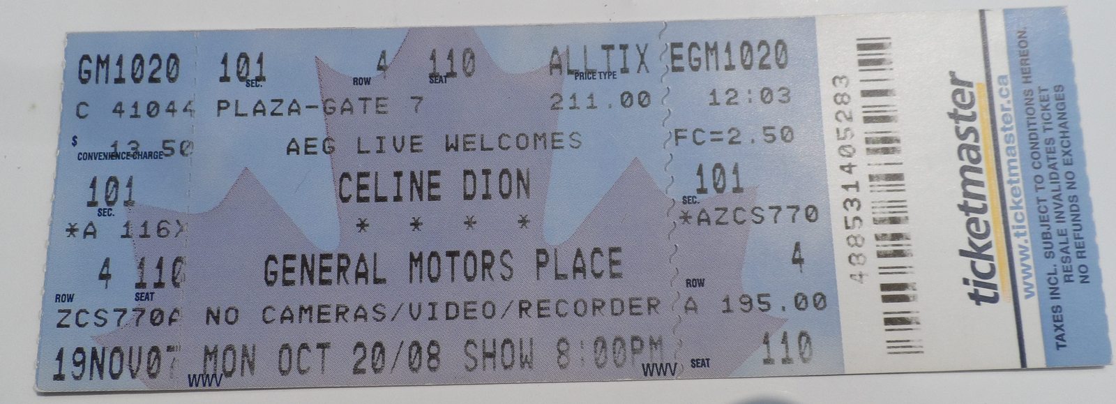 CELINE DION 2008 Vintage Ticket Stub General Motors Place AEG Live Prese... - $6.75