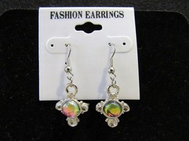 Fashion Jewelry Silver-Toned Cross Design Iridescent Ball Dangle Earrings  - $7.99
