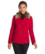 Chicos Faux Fur Red Pea Coat Jacket Cross Button Lined Long Sleeve, Size L - $30.16