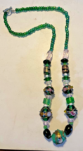 Vintage Green Art Glass Bead and foil bead with Crystal Necklace 18&quot; - £11.36 GBP