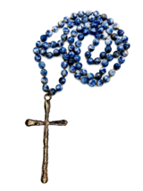 Hand Knotted Blue Sodalite Large Antique Bronze Brutalist Cross Pendant Necklace - $37.62