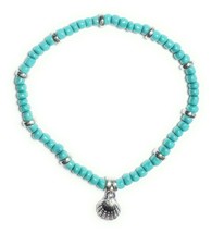 Teal Bead Stretchy Anklet with Silver Alloy Seashell Charm - $5.99