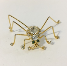 Spider Pin Brooch Green Eyes Clear Crystal Rhinestones Vintage Gold Tone Metal - £19.24 GBP