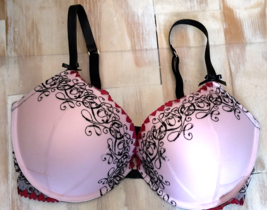 Victoria&#39;s Secret 38DD Very Sexy Push Up Pink Black Lace Lined Bra Red Hearts - £24.06 GBP
