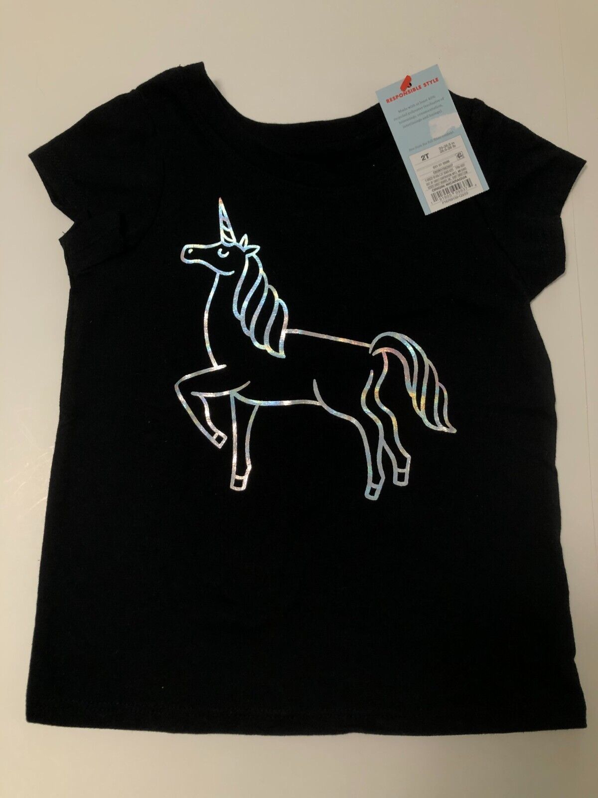 Primary image for Cat & Jack Gils Black with Silver Unicorn Short Sleeve T-Shirt NWT Size: 2T