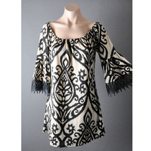 Black Beige Boho Ikat Henna Pattern Crochet Bell Sleeve Tunic Shift Mini... - $34.27 CAD