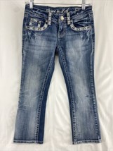 Grace In LA Juniors Size 3/25 Blue Denim Capri Bling Flap Pocket Distressed - £21.57 GBP