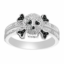 1/10 Ct Black &amp; White Created Diamond Solid 14K White Gold 925 Silver Skull Ring - £65.78 GBP