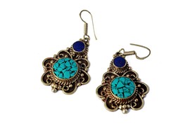 Ethnic Tibetan Floral Earrings, Tribal Colorful Hoops with Inlaid Stone - £14.38 GBP