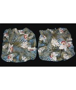 2 VTG (90s) Blue HIBISCUS Tropical Palm Frongs Barkcloth Wide Ruffled Pi... - $38.99
