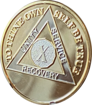 10 Year AA Medallion Large 1.5 Inch 22k Gold Plated Sobriety Chip - £7.85 GBP
