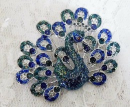 Enameled Blue/Green/Silver Peacock Pin   2&quot; tall x 2 1/2&quot; wide   Beautiful! - $345.93 MXN