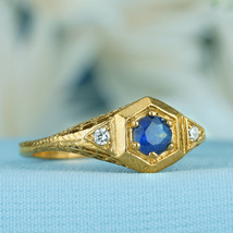 Natural Blue Sapphire and Diamond Vintage Style Filigree Ring in Solid 9K Gold - £518.93 GBP