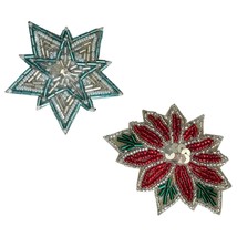x2 Christmas Black Leather Back Pins Poinsettia Brooch &amp; Star Beads and ... - $27.22