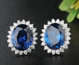 3Ct Oval Cut Simulated Blue Sapphire Halo Stud Earrings 14k White Gold Plated - £112.59 GBP