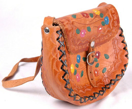 Handmade Leather Handbag Purse-Hand Tooled Floral Paint-Strap-Brown-6x5.5&quot;-Vtg - £36.76 GBP