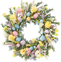 Easter Wreath Spring Wreath Artificial Flower Wreath 20 Inch with Colorful Eggs - £43.58 GBP
