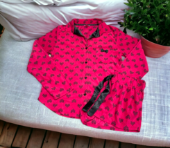 Betsey Johnson Pink and Black Hearts 2 Piece Fleece Pajama Set Shorts Shirt M - £33.08 GBP