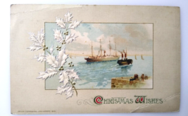 Christmas Postcard Sailing Battle Ship 1913 Embossed Silver Holly John Winsch - £8.54 GBP