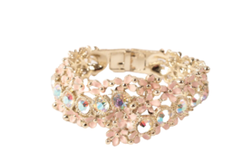 Stunning Hinged Clamper Bracelet Pink Enamel Flowers and AB Rhinestones - £30.86 GBP