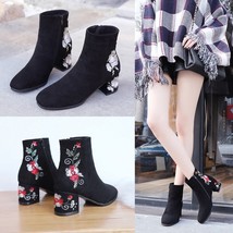  Women Fashion Embroidre Warm Thick High Heel Ankle Short Boots Round Toe Shoes - £31.16 GBP