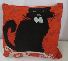 Fall Halloween Throw Pillow Black Cat Beaded Face Metallic stitching 16 x 16 - £12.02 GBP