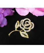 RHINESTONE ROSE PIN Vintage Brooch Love Romantic Valentine Goldtone 1 5/8&quot; - $15.83