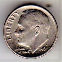 Roosevelt Dime coin (Circulated) 1981 P - £1.78 GBP