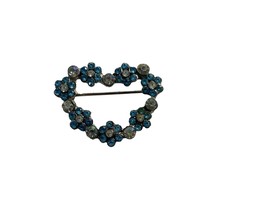 Vintage Heart Shaped Brooch Pin Silver Tone Blue Rhinestones Flowers Delicate - £19.95 GBP