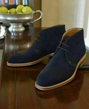 Handmade Men&#39;s Navy Blue Suede Leather Chukka Ankle High Boots, Lace Up Shoes - $128.69