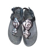 FitFlop Sandals Women 8 Floretta Black Suede Pewter Lavender Flower Slin... - $37.14