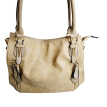 Beige Faux Leather Satchel Handbag Double Straps Multiple Pockets - £27.59 GBP
