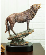 Midnight Moon Howling Alpha Gray Wolf Statue In Bronze Electroplated Finish - $109.40 CAD