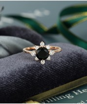 Natural Black Round Onyx With CZ Diamond Stone Sterling Silver Women Ring - £48.24 GBP