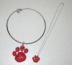 RED Crystal PAW Pendant Necklaces 2 Matching Set Cat Dog Love Fur Baby Paws - £7.75 GBP
